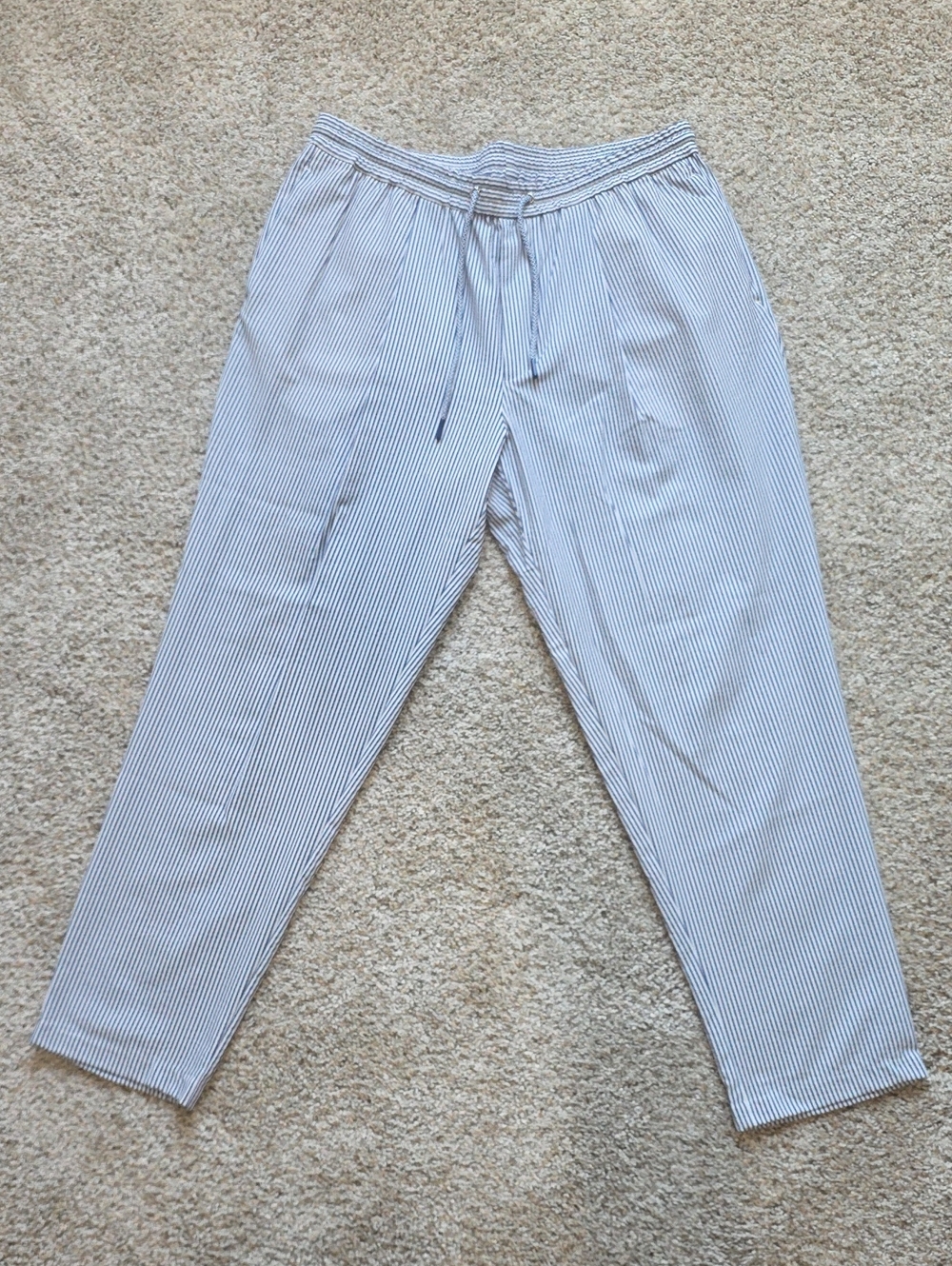 Zara Men's striped linen-blend Seersucker drawstring pants - Blue Stripe